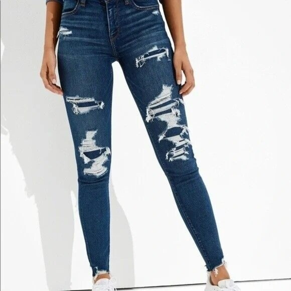 American Eagle Outfitters Denim - American Eagle Size 6 Jeans Hi Rise Jeggings Distressed Skinny Dark Blue Denim